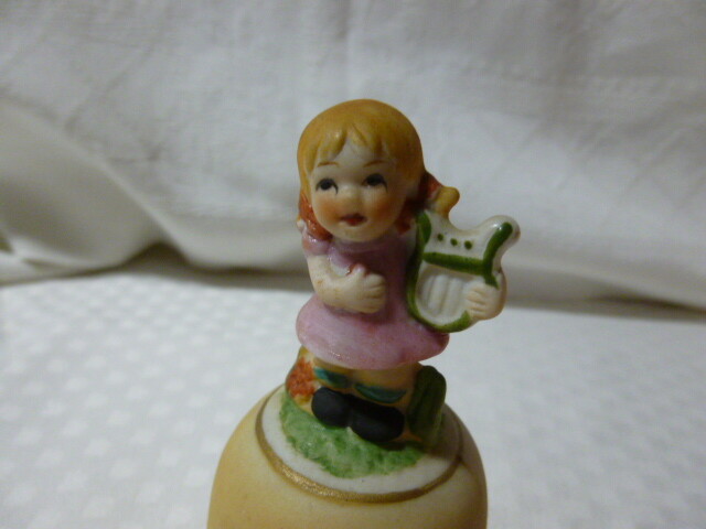Vintage Bisque Ceramic figurine bell  Girl Playing the Harp Handle 4 1/4