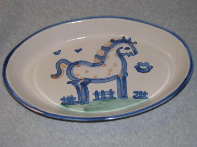 M A Hadley Blue Horse Pottery Stoneware Oval Baking Dish Serving Bowl Platter EC