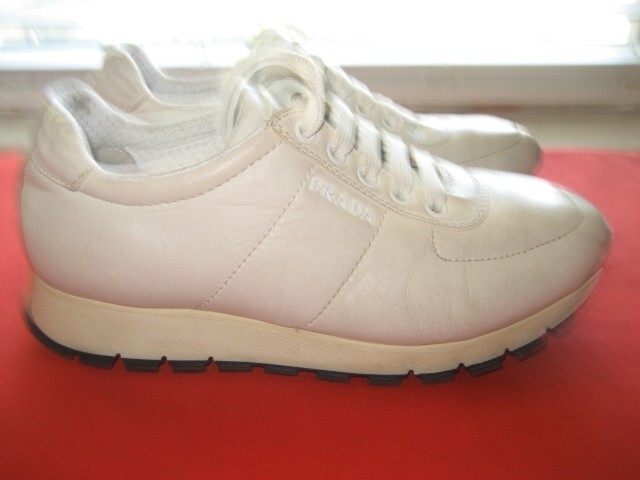 WOMEN'S PRADA PEARL WHITE LEATHER SNEAKERS SHOES 36.5 , US
