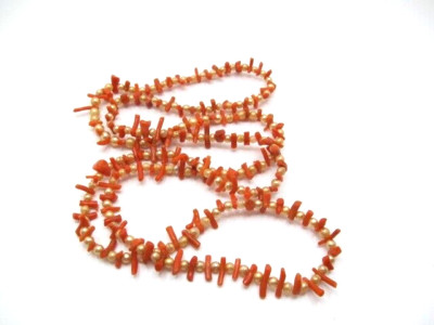 Vintage Coral & Gold Beaded Irregular Bead Long Length Fashion Necklace 34 Inch