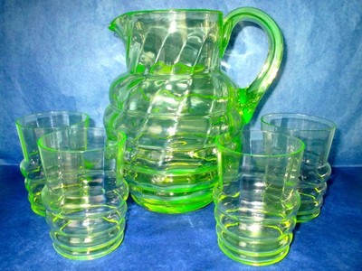 Uranium Glass Hand Blown Pitcher & 4 Tumblers Antique Art Deco ca 1920s