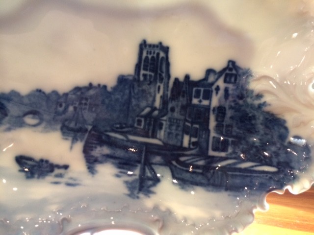 Monbijou R C Delft Flow Blue Relish Dish Scalloped Edges Double Handle Vintage