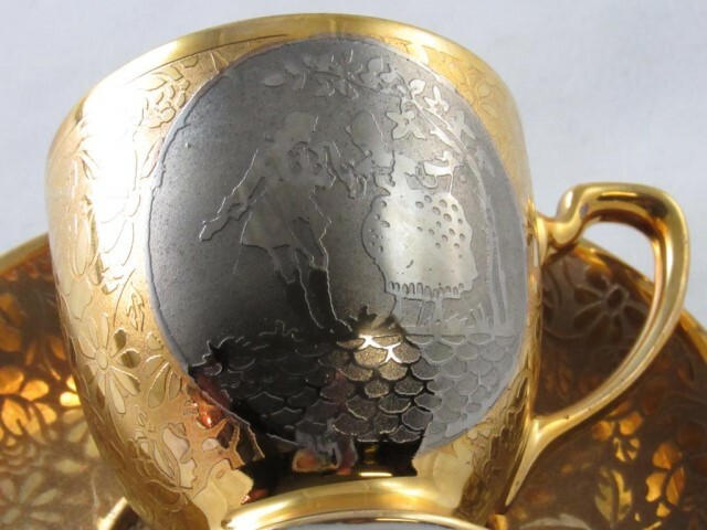 Demitasse Cup & Saucer Royal China Warranted 22kt Gold Encrusted Couple Cameo