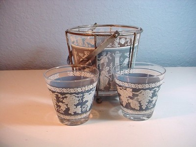 Vintage Glass Ice Bucket Roman Greek Blue Decor Outer Metal Rack With Handle