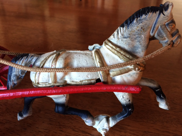VINTAGE CAST IRON HORSE AND POLICE CHIEF CART WITH OPENING TRUNK