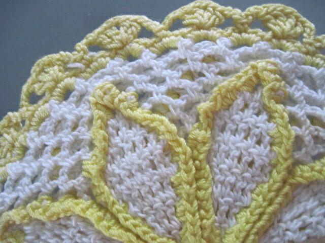 Set of 3 Vintage Potholders Yellow & White Crocheted Approx.  6” Diameter.