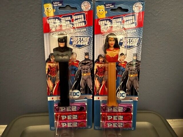 Justice League Pez Dispensers Wonder Woman and Batman on Blister Cards