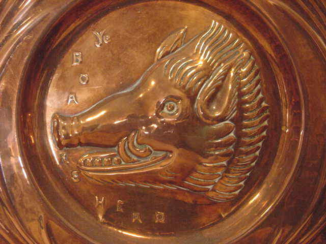 2 Vintage / Antique COPPER Plates ARTS & CRAFTS Ye Boars Head + SHEPHERDESS Boat