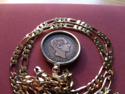 XF+ 1879 Spanish Bronze Centimos Coin Pendant w 22