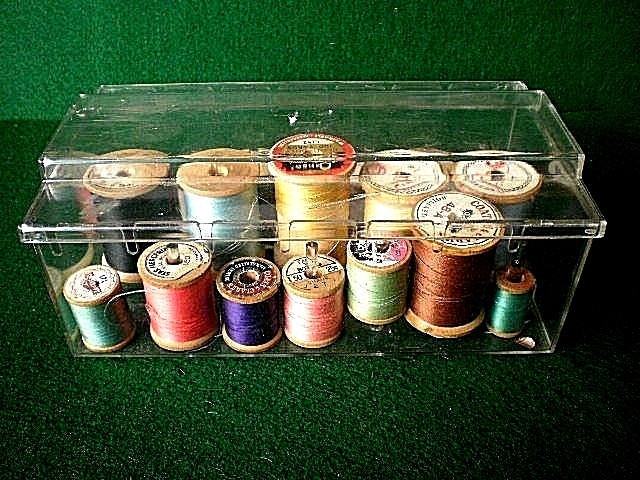 19 Wooden Spools & Thread w/ Plastic Storage Cabinet