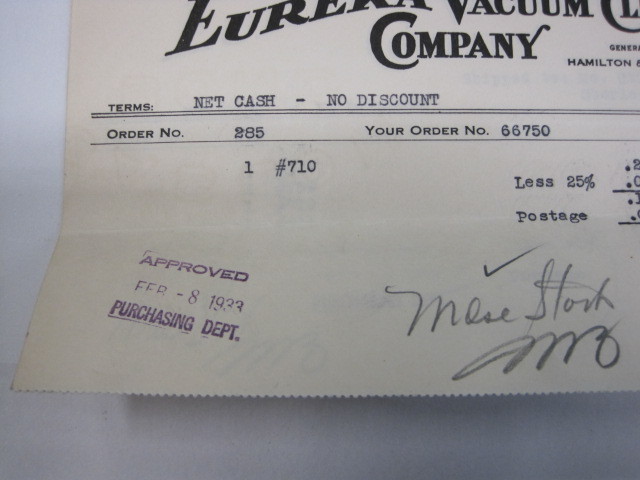 Vintage 1933 billhead Eureka Vacuum Cleaner Company Detroit Michigan