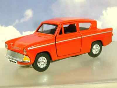 GREAT SAICO 1/32 DIECAST FORD ANGLIA 105E IN RED WITH PULL BACK MOTOR 5'' LONG