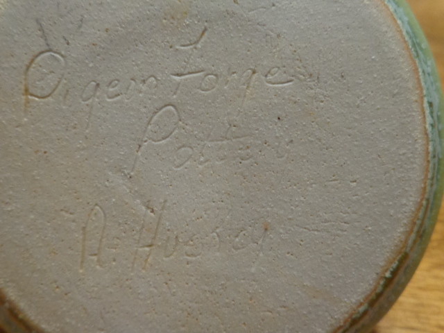 PIGEON FORGE POTTERY CANDLEHOLDER WITH IRIDESCENT DRIP GLAZE SIGNED A. HUSKEY