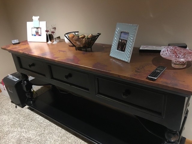 Arhaus Copper Dining Table, 6 Chairs, Matching Copper Top Hutch