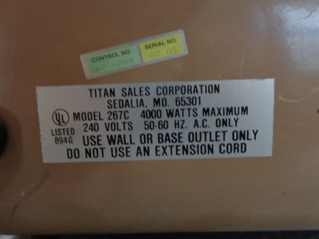 TITAN 4000 WATT PORTABLE INDUSTRIAL HEATER, 240 VOLTS, 50-60 HZ Model 267C