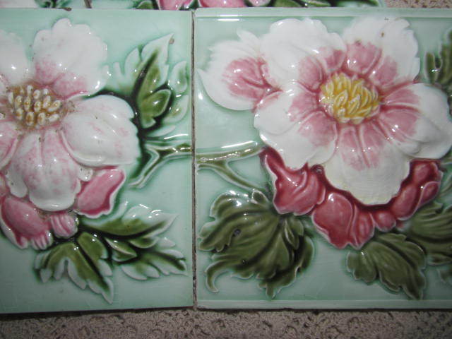 5 Antique Majolica Tiles Japan Deep Embossed Flower~Architectural Decor 6