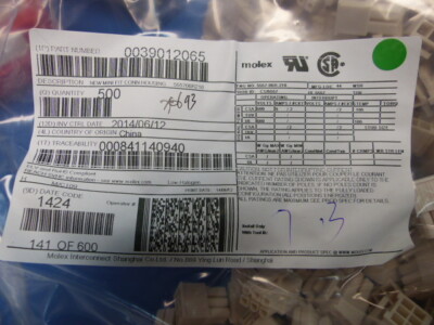 Molex  39012065 Qty of 300 per Lot CONN RECEPT 6POS DUAL; 6 Position Rectangular