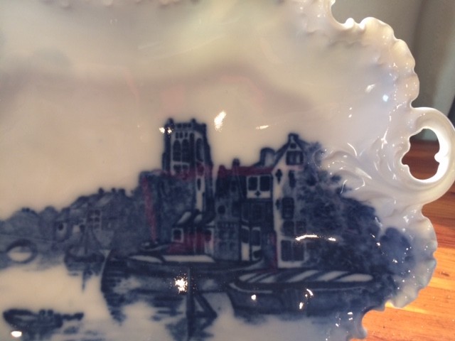 Monbijou R C Delft Flow Blue Relish Dish Scalloped Edges Double Handle Vintage