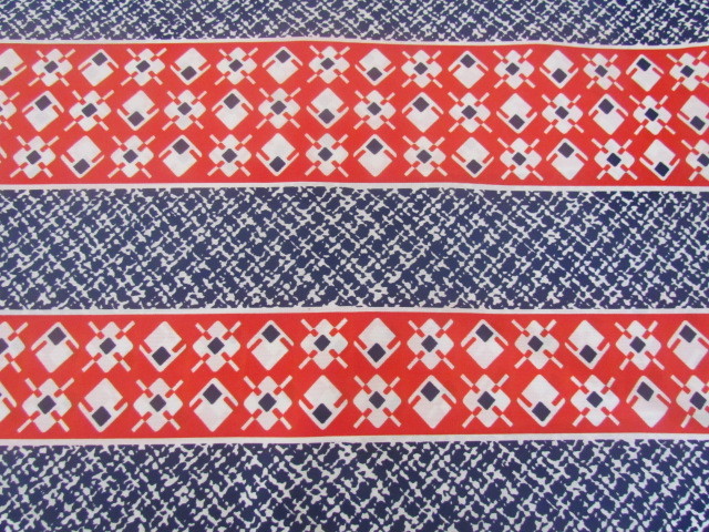 Vintage 60s Blue White Red Geometric Band Border Jersey Fabric 3 Yards 7