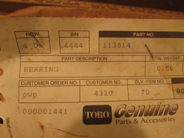 NOS Wheel Horse Toro Part 113514 bearing spindle deck push mower lawn