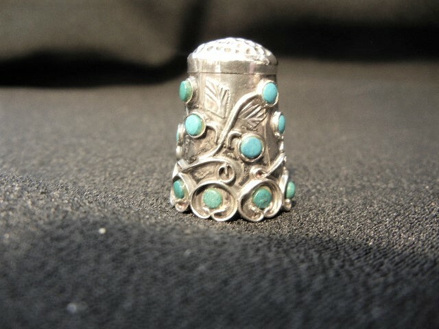 STERLING SILVER & TURQUOISE THIMBLE MEXICO BEAUTIFUL VINTAGE