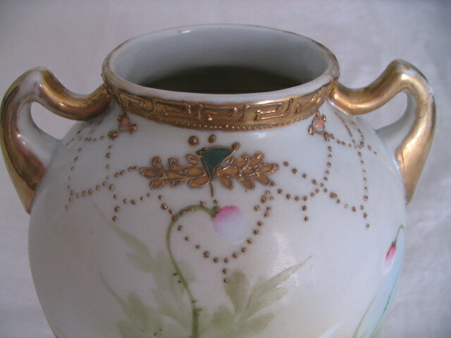 Vintage Nippon Vase Urn With Handles Hand Painted Poppies & Gold Stippling 9