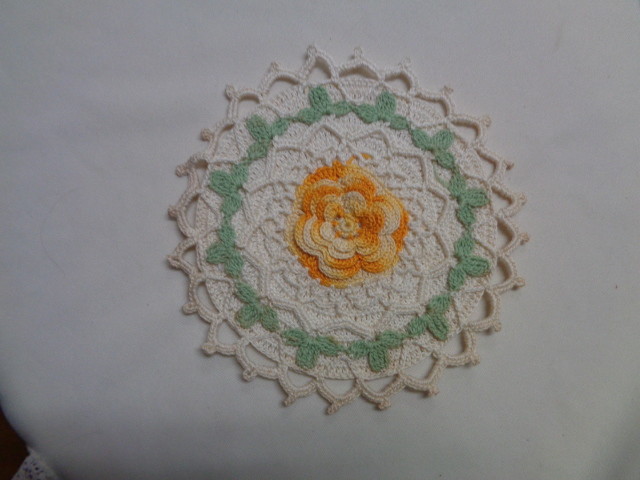2 Vintage Crochet Doiles White W/ Green Around The Edge and Yellow/Orange Flower