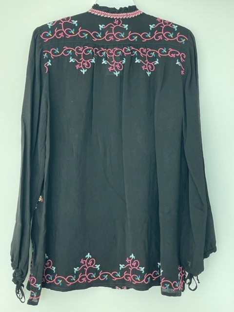 Pre-owned Johnny Was Bertha Blouse Black Top Button Down Shirt Long Sleeve Embroidery