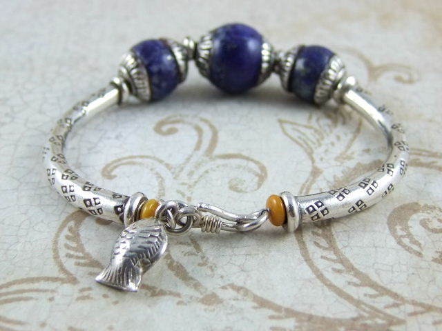 Handmade Thai Sterling Silver With 3 PCS, Blue Lapis Beads Bracelet - 60mm.