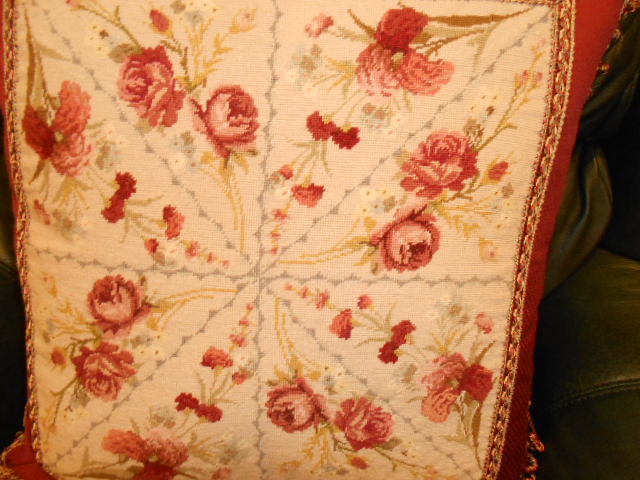Beautiful Petit Point Needlepoint Feather Pillow Roses X Large 22