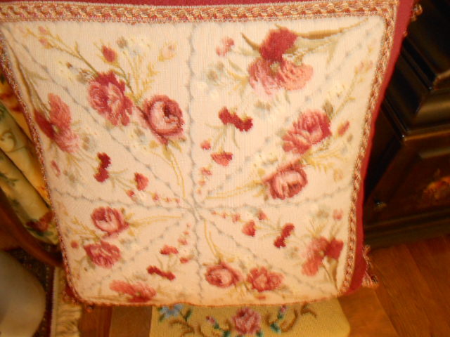 Beautiful Petit Point Needlepoint Feather Pillow Roses X Large 22