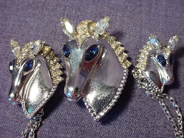 RARE 1943 CORO STERLING HORSE HEAD CHATELAINE & PIN / BROOCH SET