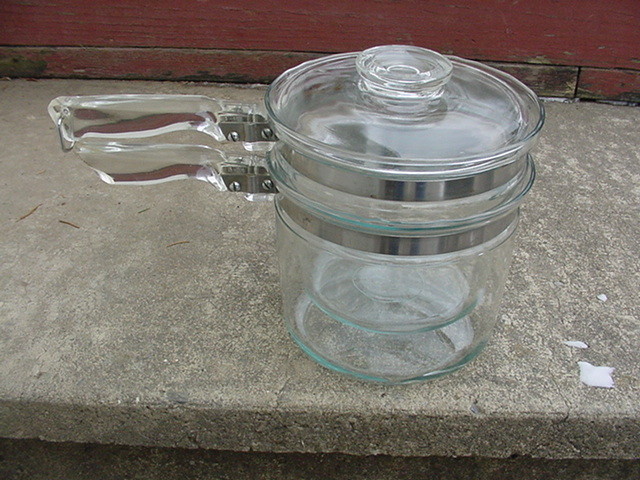 Vtg 1950's PYREX FLAMEWARE 1 1/2 Qt. 3 Pc. Double Boiler Set #6283 Clear Glass