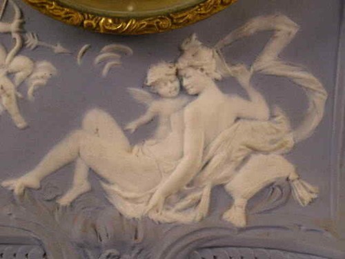 1800's Schafer Vater Jasper Ware German Bisque Cherub Portrait Figure Case Clock