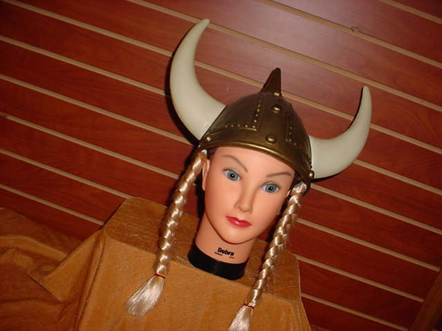 Lady Viking Costume Helmet Hair NEW Plastic Nordic Gold Hat with Braids Horns