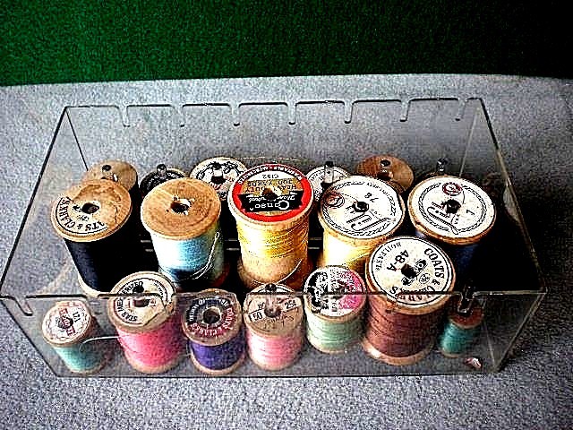 19 Wooden Spools & Thread w/ Plastic Storage Cabinet