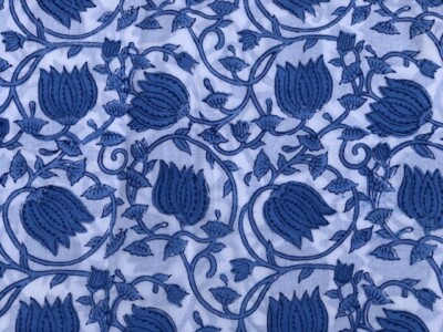 Indian Blue and White Floral Hand Block Print Cotton Fabric (by the yard)