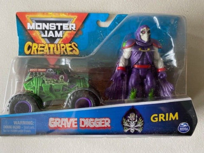 MONSTER JAM CREATURES GRAVE DIGGER & GRIM VEHICLE AND FIGURE SET NEW TOY