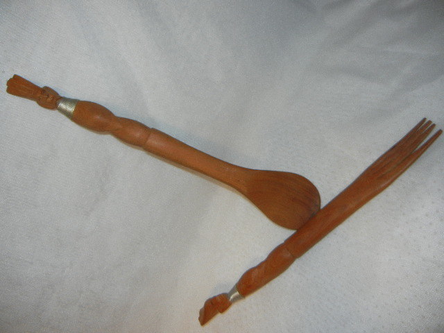 VINTAGE AFRICAN TRIBAL CARVED WOOD UTENSIL SET SPOON & FORK 14