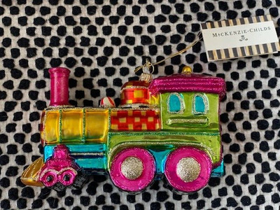 NEW MacKenzie Childs GRANNY KITSCH TRAIN Glass Ornament NEW IN BOX MINT