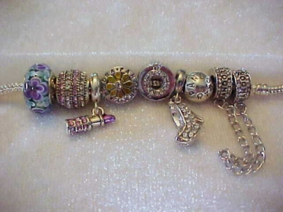 PANDORA 925/ALE MURANO CHARM + 7 EUROPEAN CHARMS- PURPLE FLOWERS--LOT ALL NEW