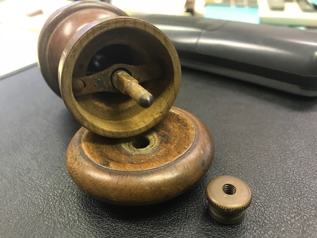 Antique vintage wood black pepper grinder, maybe English stamped, Old