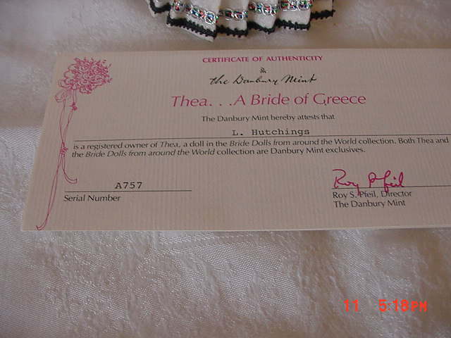 DANBURY MINT BRIDE DOLLS OF THE WORLD -  A BRIDE OF   GREECE   WITH COA
