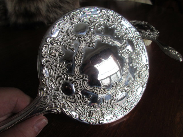 nice Antique SILVER PLATED DRESSER SET MIRROR,BRUSH,COMB W/ repousse flowers