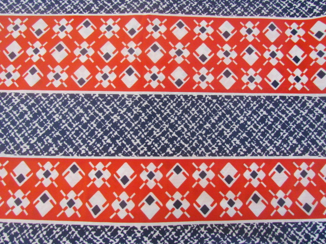 Vintage 60s Blue White Red Geometric Band Border Jersey Fabric 3 Yards 7