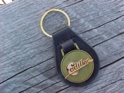 1914 Cadillac Script NOS Leather Key Fob Antique Gold Medallion Unique Quality