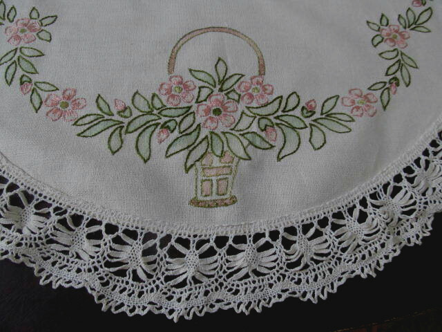 Basket of Flowers~20s Antique Hand Embroidered Tablecloth Topper~27