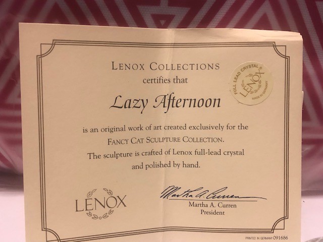 LENOX Lazy Afternoon Fancy Cat Kitten Full Lead Crystal Sculpture Box COA