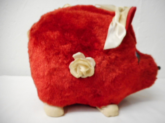 Vintage Red Stuffed Pig Music Box 