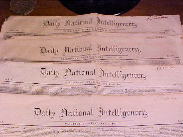 4 - Washington Newspaper National Intelligencer Feb 8&9, April 28 & May 6, 1842